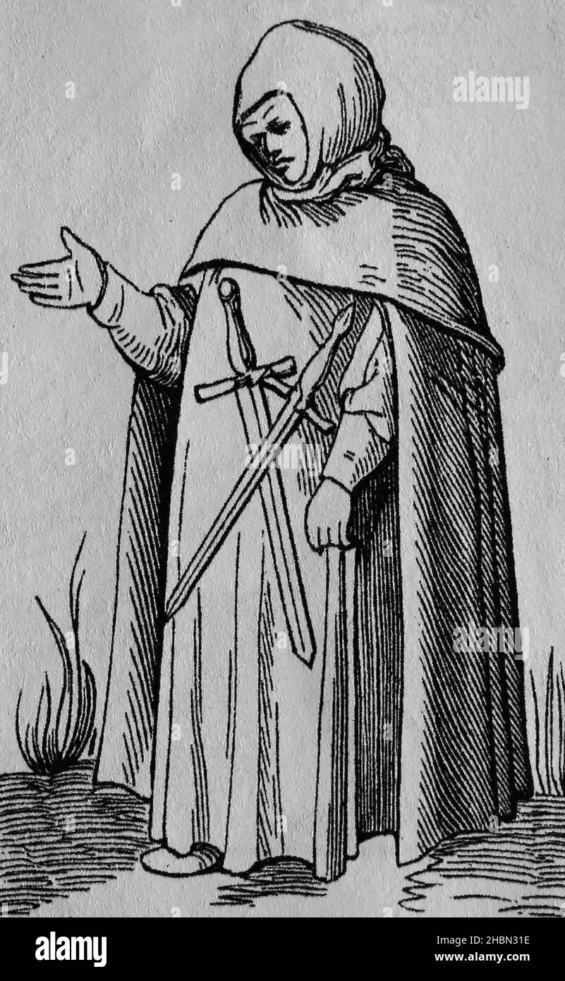 Eine männliche Figur, die eine Kapuzenverkleidung mit gekreuzten Schwertern trägt. Lateinische Ausgabe von Sebastian Münster, 'Cosmographia', Basel, um 1544-52. Stockfoto