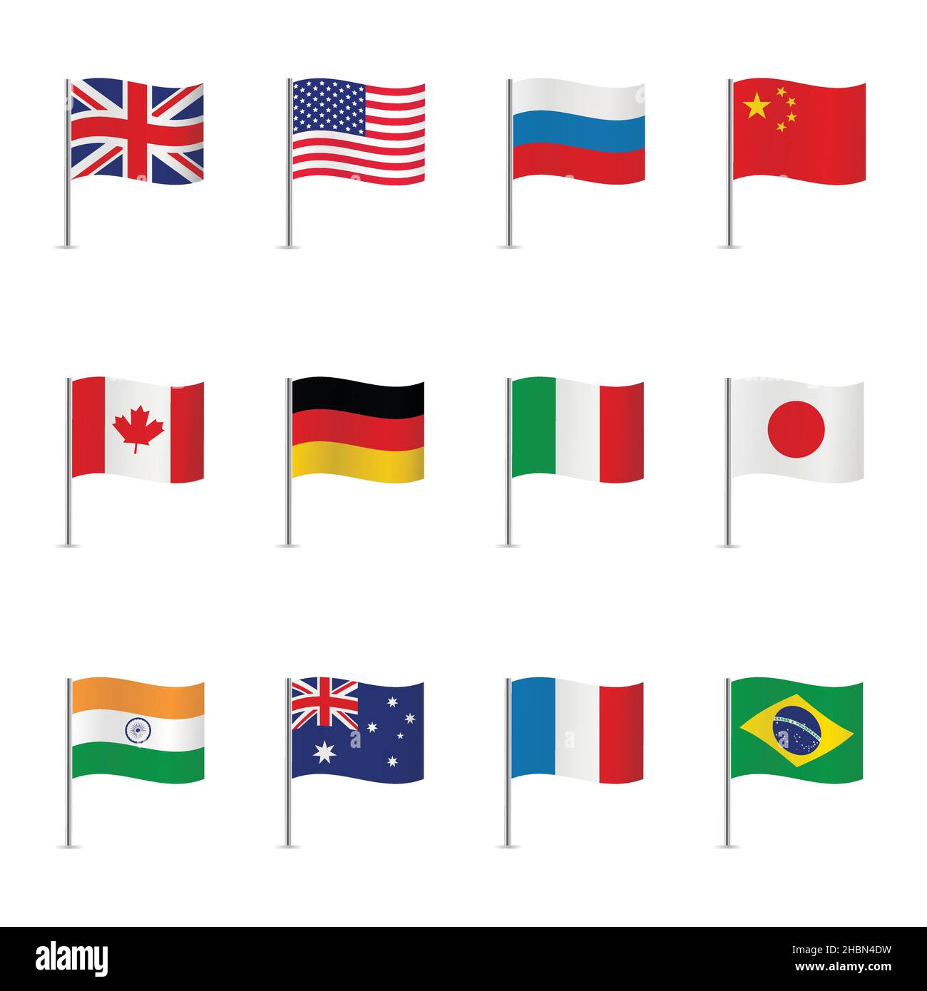 Weltflaggen auf weißem Hintergrund isoliert. Vektorset. Stock Vektor