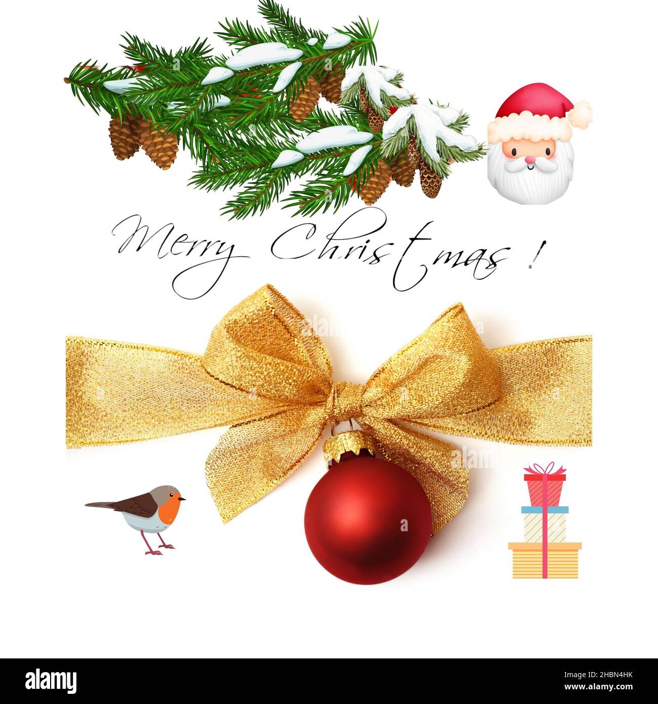 Weihnachten cad-Design mit Kiefernästen, Weihnachtsgesicht und Rotkehlchen. Stockfoto