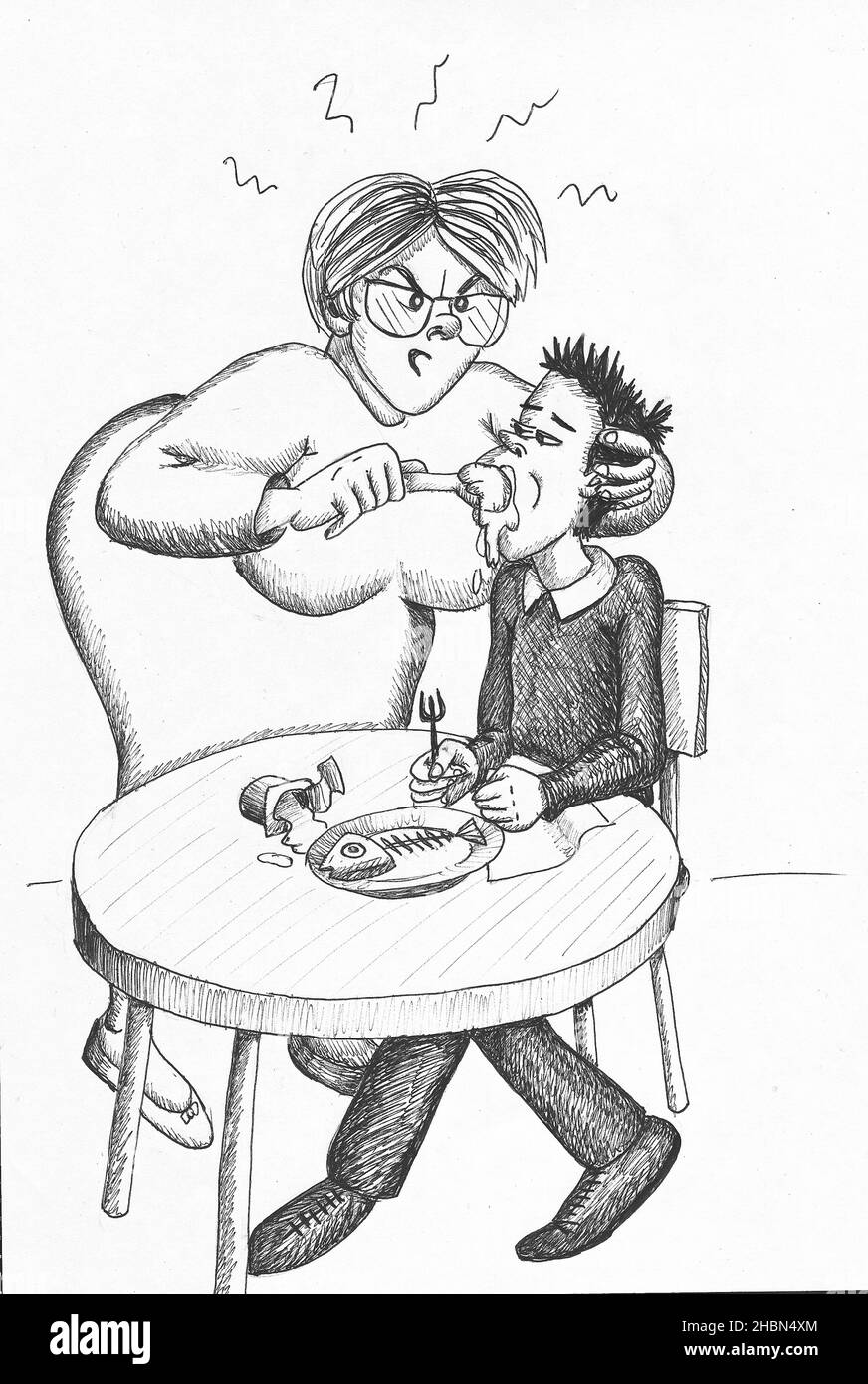 Fat Frau Füllung mit Essen ein Junge. Abbildung. Stockfoto