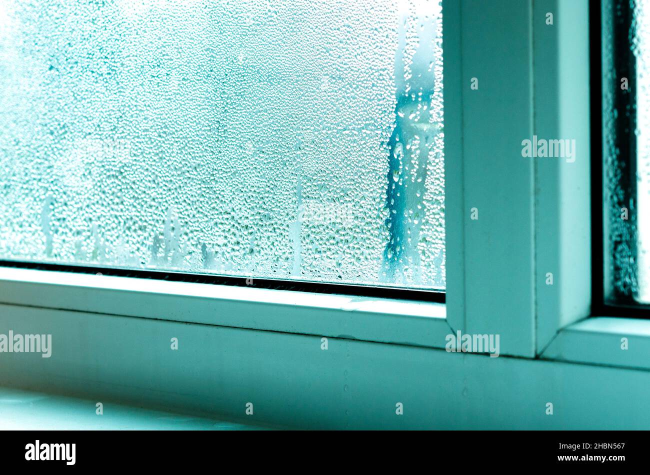 Nahaufnahme von Kondensat Pilz Schimmel auf dem Fensterrahmen. hohe  Luftfeuchtigkeit in Innenräumen zu Hause Stockfotografie - Alamy