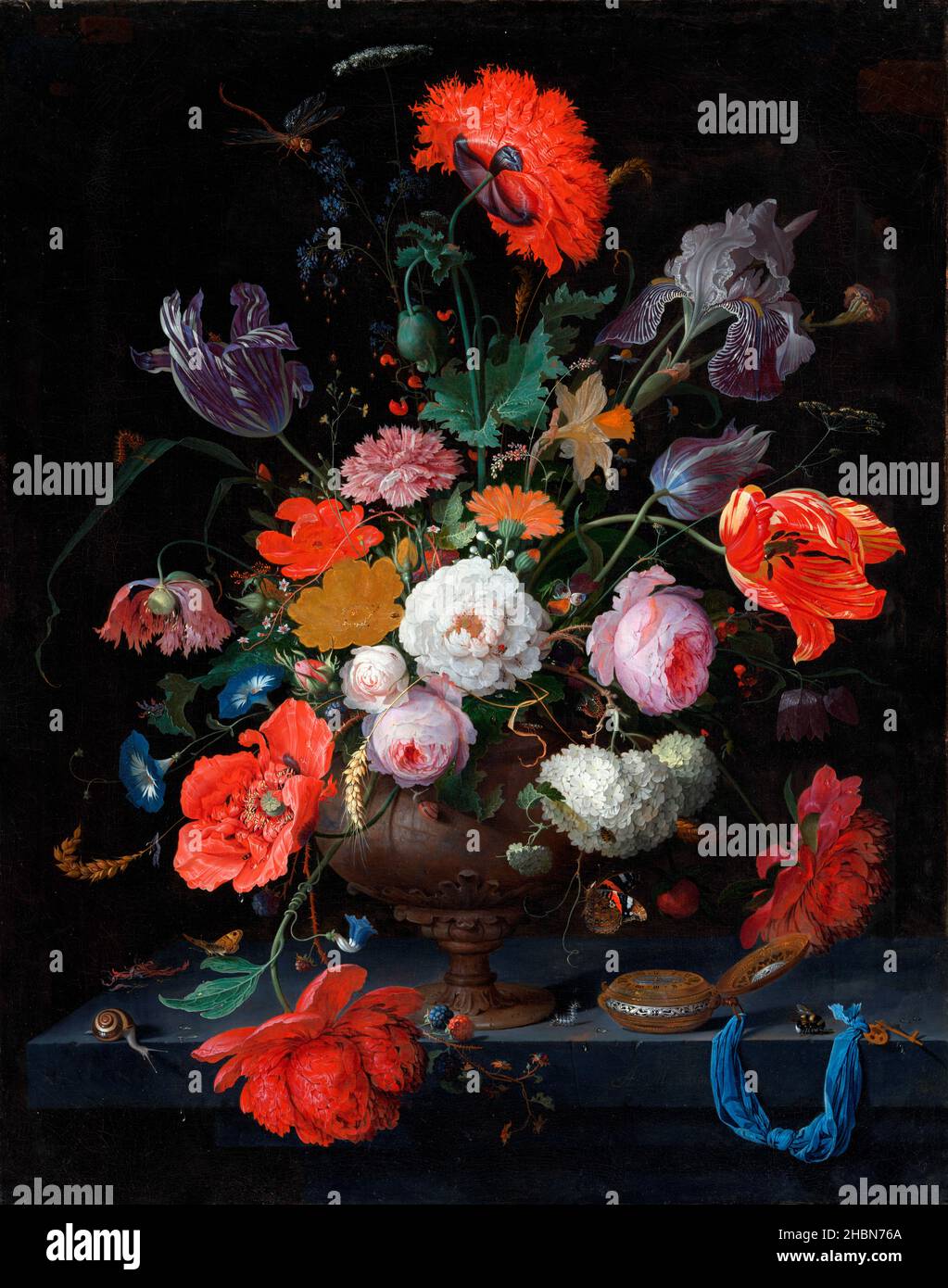 Stillleben mit Blumen und einer Uhr von Abraham Mignon (1640-1679), Öl auf Leinwand, c. 1660-79 Stockfoto