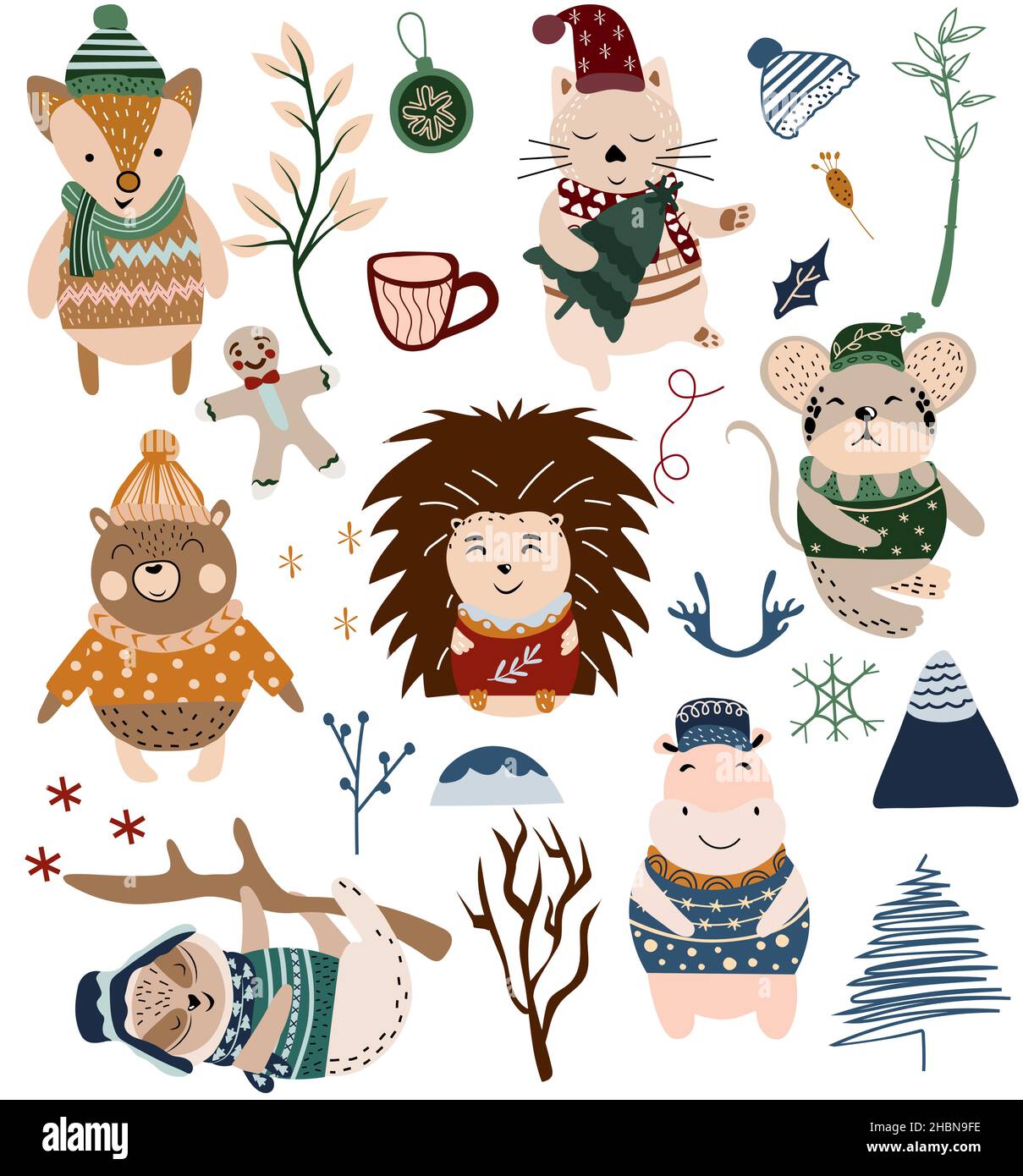 Sammlung Wintertiere, Nilpferd, Maus, Fuchs, Bär, Katze und andere Winterelemente. Gemütliches Zeichentrickset. Skandinavischer Stil. Symbol für Vektorgrafik. Stock Vektor