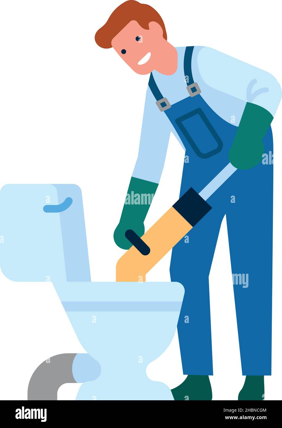 Mann repariert verstopfte Toilette. Sanitäranlagen für Reparaturwerkstätten Stock Vektor