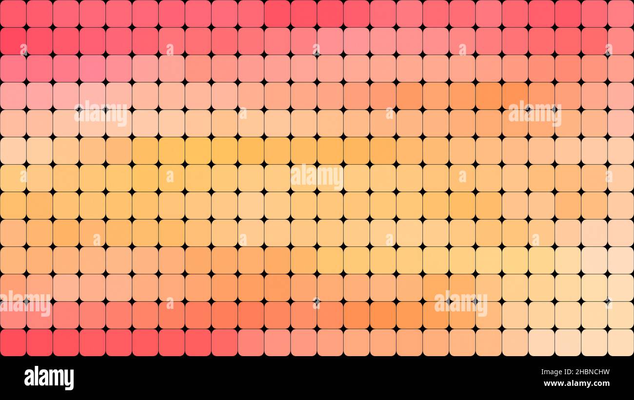 Abstrakter Gitterhintergrund aus abgerundeten, warmen Quadraten. Hochauflösender, abstrakter, farbenfroher Vollformat-Hintergrund in Rot, Orange und Gelb. 4K Auflösung Stockfoto