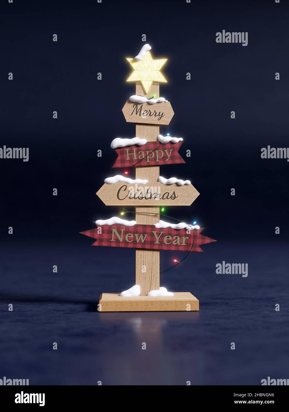3D stilisierter Weihnachtsbaum aus Holz mit saisonalen Grüßen auf dunkelblauem Hintergrund Stockfoto