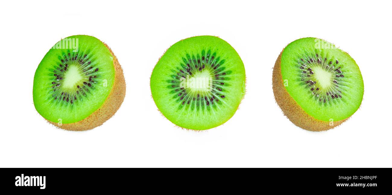 Set von halben Kiwi isoliert auf weißem Hintergrund, Kiwi-Früchte mit Schnittpfad. Stockfoto