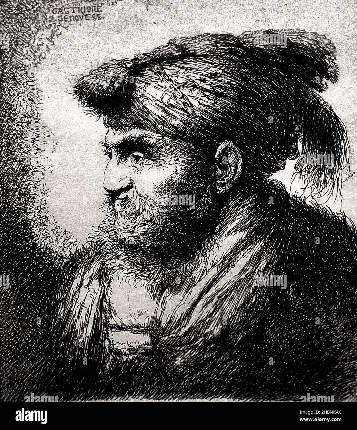 Kopf eines alten Mannes, große orientalische Köpfe, 1645-1650. Große Köpfe im orientalischen Stil von Giovanni Benedetto Castiglione Italienischer Maler der Barockzeit, 1609-1664, Italien, Radierung / Radierung Stockfoto