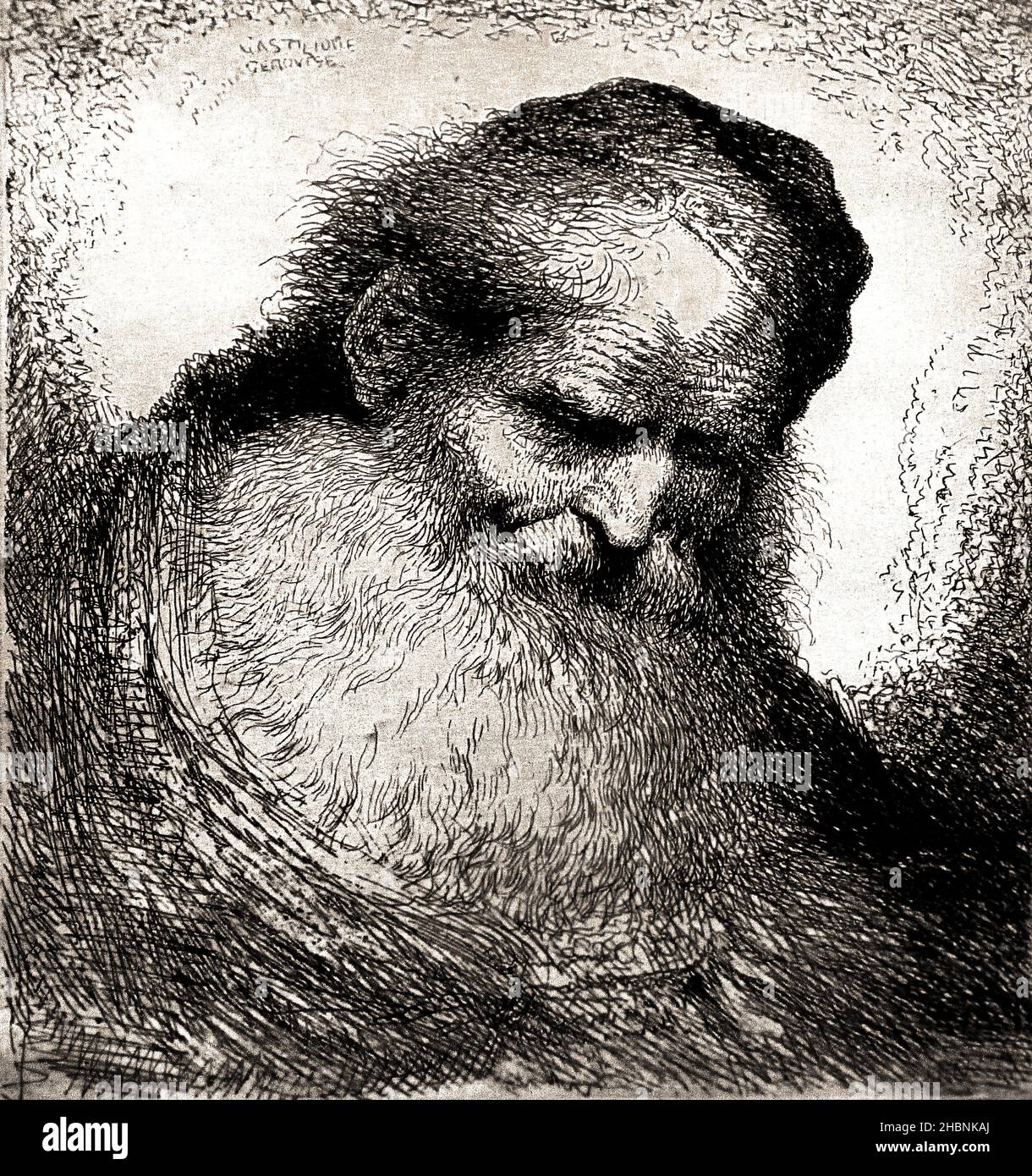 Kopf eines alten Mannes, große orientalische Köpfe, 1645-1650. Große Köpfe im orientalischen Stil von Giovanni Benedetto Castiglione Italienischer Maler der Barockzeit, 1609-1664, Italien, Radierung / Radierung Stockfoto