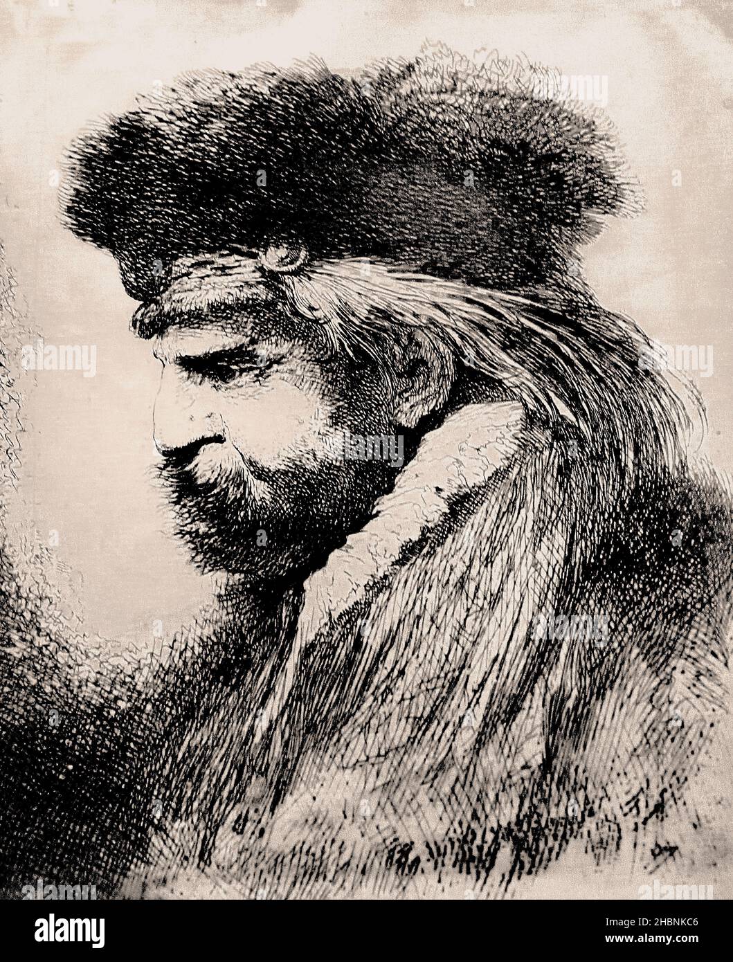 Kopf eines alten Mannes, große orientalische Köpfe, 1645-1650. Große Köpfe im orientalischen Stil von Giovanni Benedetto Castiglione Italienischer Maler der Barockzeit, 1609-1664, Italien, Radierung / Radierung Stockfoto