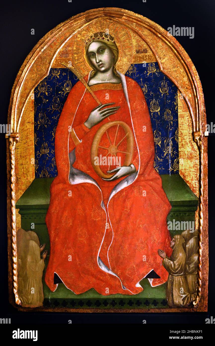Heilige Katharina thront mit Anhängern 1377 Barnaba da Modena, 1328-30 / 1386, Italien, Italienisch, modellierte der Maler seine Sprache nach den Werken in Genua, einem Schmelztiegel der Kulturen, in dem sienesische und byzantinische Meister tätig waren. Barnaba dominierte mit seiner wertvollen und archaischen Malerei den genuesischen Kunstmarkt. Stockfoto