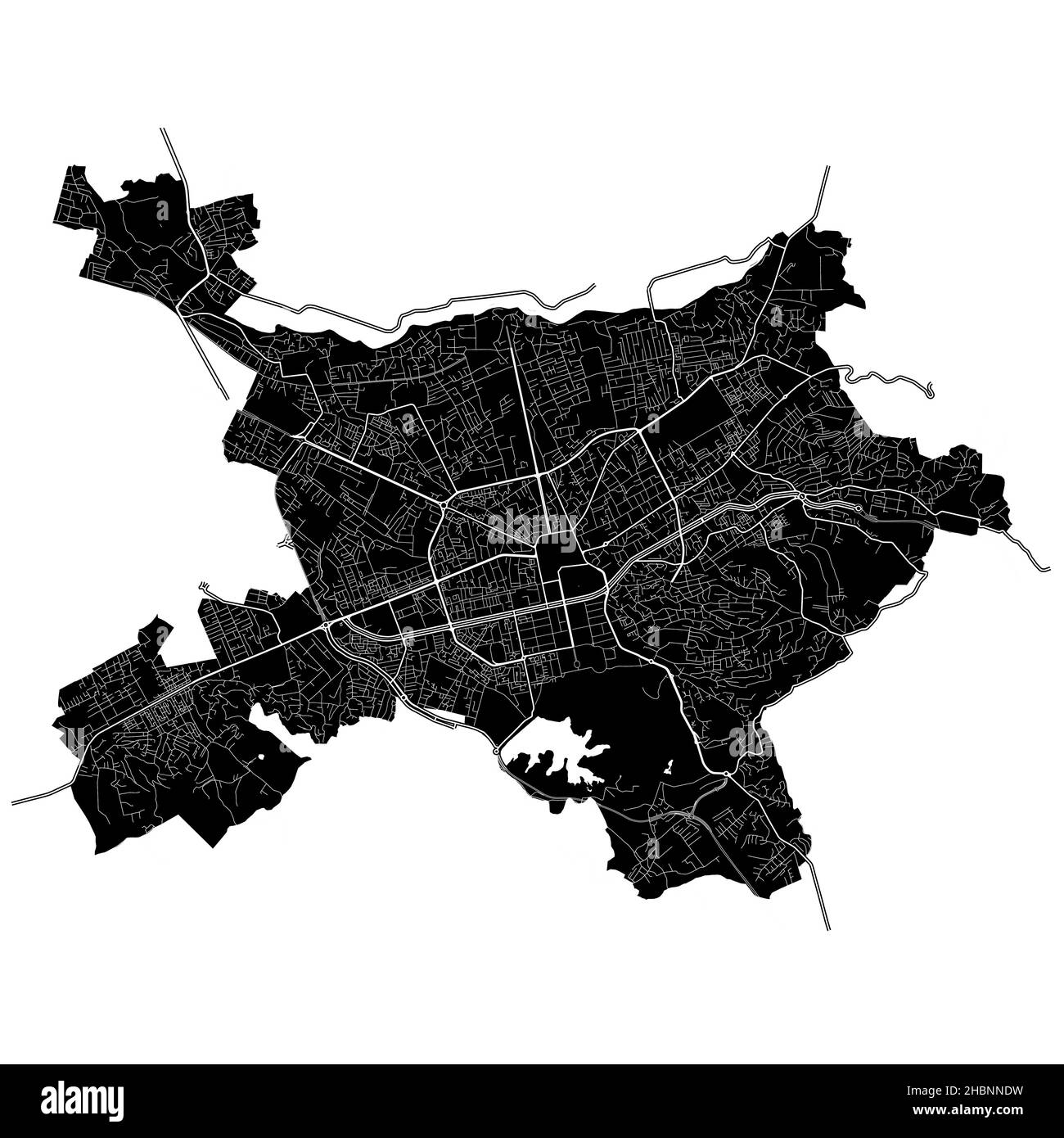 Tirana, Albanien, hochauflösende Vektorkarte mit Stadtgrenzen und bearbeitbaren Pfaden. Der Stadtplan wurde mit weißen Flächen und Linien für Hauptstraßen gezeichnet Stock Vektor