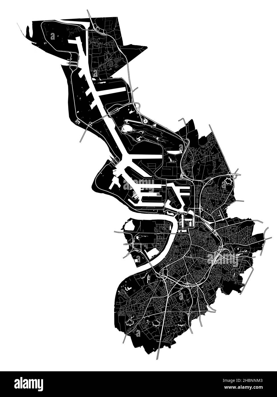 Antwerpen , Belgien, hochauflösende Vektorkarte mit Stadtgrenzen und bearbeitbaren Pfaden. Der Stadtplan wurde mit weißen Flächen und Linien für die Hauptroa gezeichnet Stock Vektor