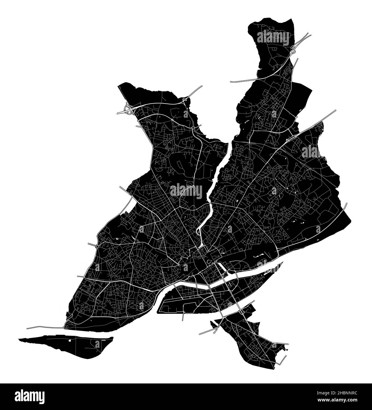 Nantes, Loire-Atlantique, Frankreich, Frankreich, hochauflösende Vektorkarte mit Stadtgrenzen und bearbeitbaren Pfaden. Der Stadtplan wurde mit weißen Flächen gezeichnet Stock Vektor