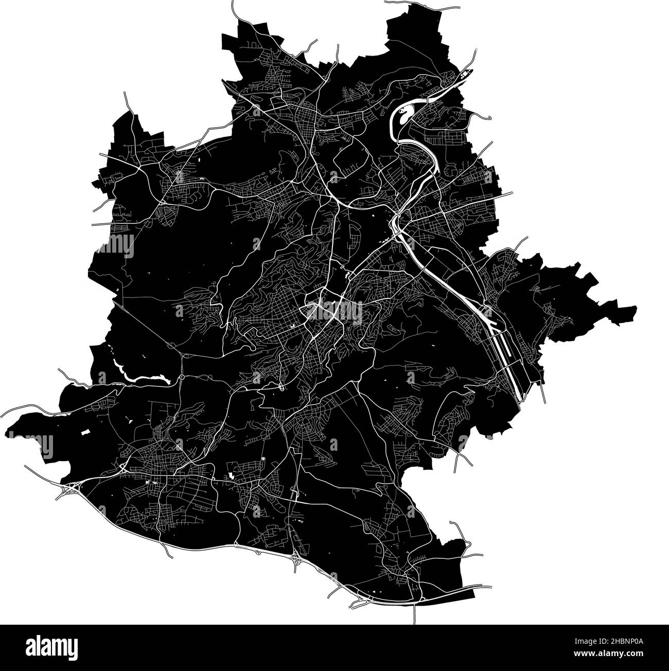 Stuttgart, Deutschland, hochauflösende Vektorkarte mit Stadtgrenzen und bearbeitbaren Pfaden. Der Stadtplan wurde mit weißen Flächen und Linien gezeichnet Stock Vektor