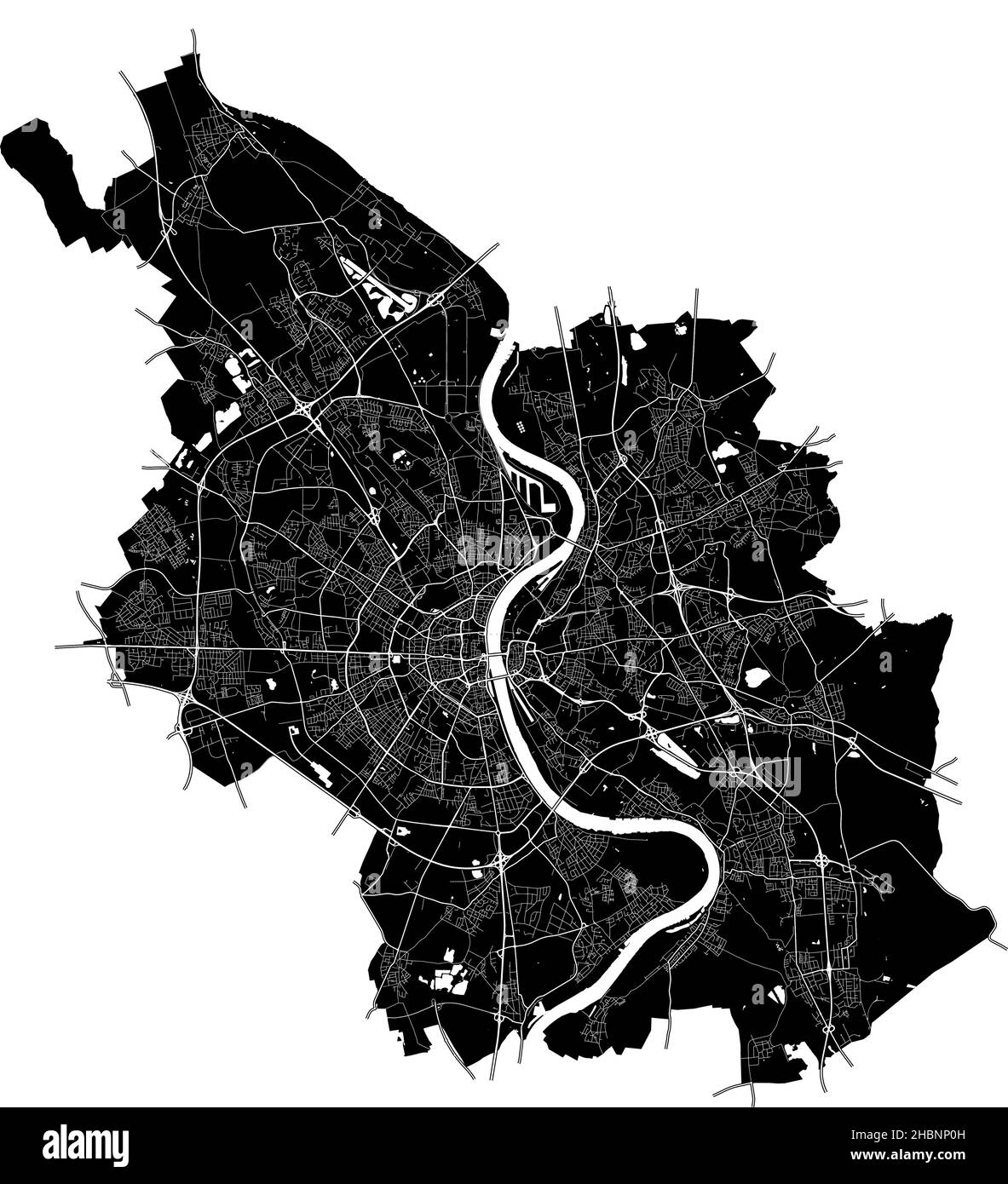 Köln, Nordrhein-Westfalen, Deutschland, Deutschland, hochauflösende Vektorkarte mit Stadtgrenzen und bearbeitbaren Pfaden. Der Stadtplan wurde mit wh gezeichnet Stock Vektor