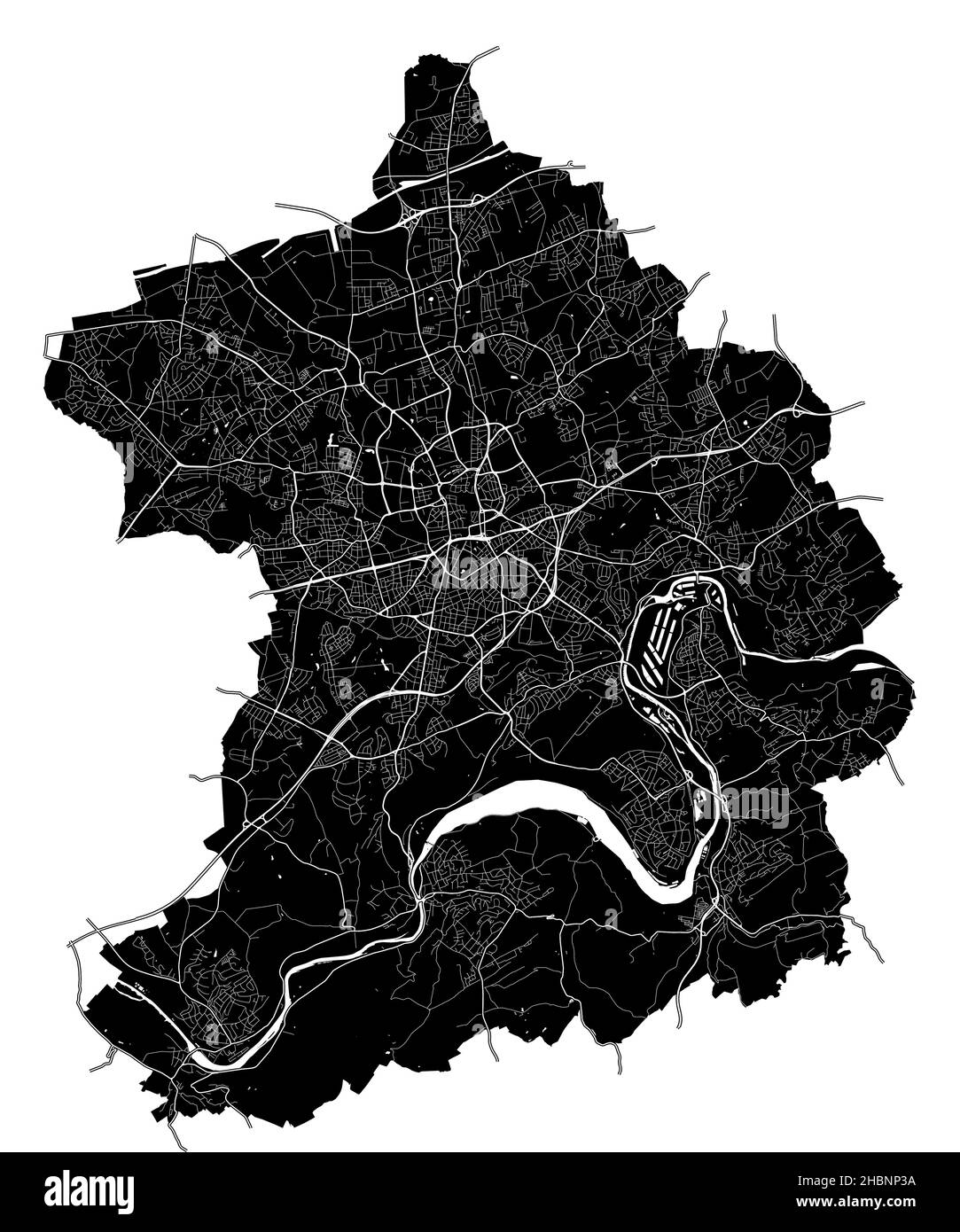 Essen, Nordrhein-Westfalen, Deutschland, Deutschland, hochauflösende Vektorkarte mit Stadtgrenzen und bearbeitbaren Pfaden. Der Stadtplan wurde mit whit gezeichnet Stock Vektor