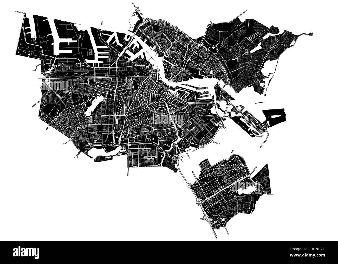 Amsterdam, Niederlande, hochauflösende Vektorkarte mit Stadtgrenzen und bearbeitbaren Pfaden. Der Stadtplan wurde mit weißen Flächen und Linien für Mai gezeichnet Stock Vektor