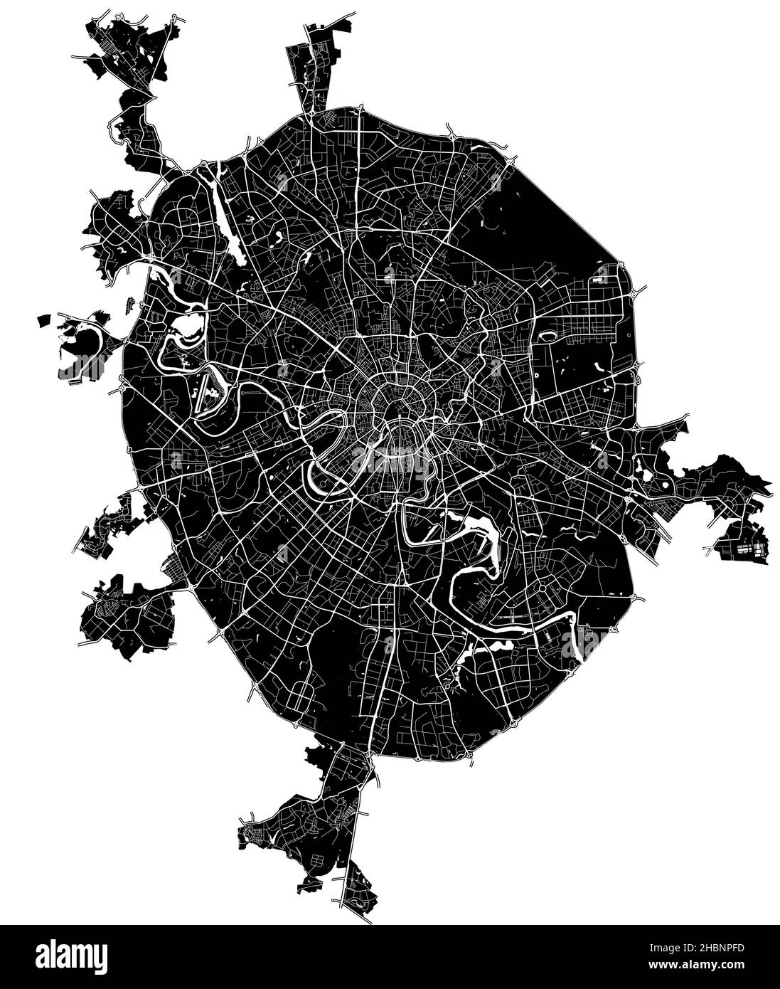 Moskau, Russland, hochauflösende Vektorkarte mit Stadtgrenzen und bearbeitbaren Pfaden. Der Stadtplan wurde mit weißen Flächen und Linien für Hauptstraßen gezeichnet, Stock Vektor