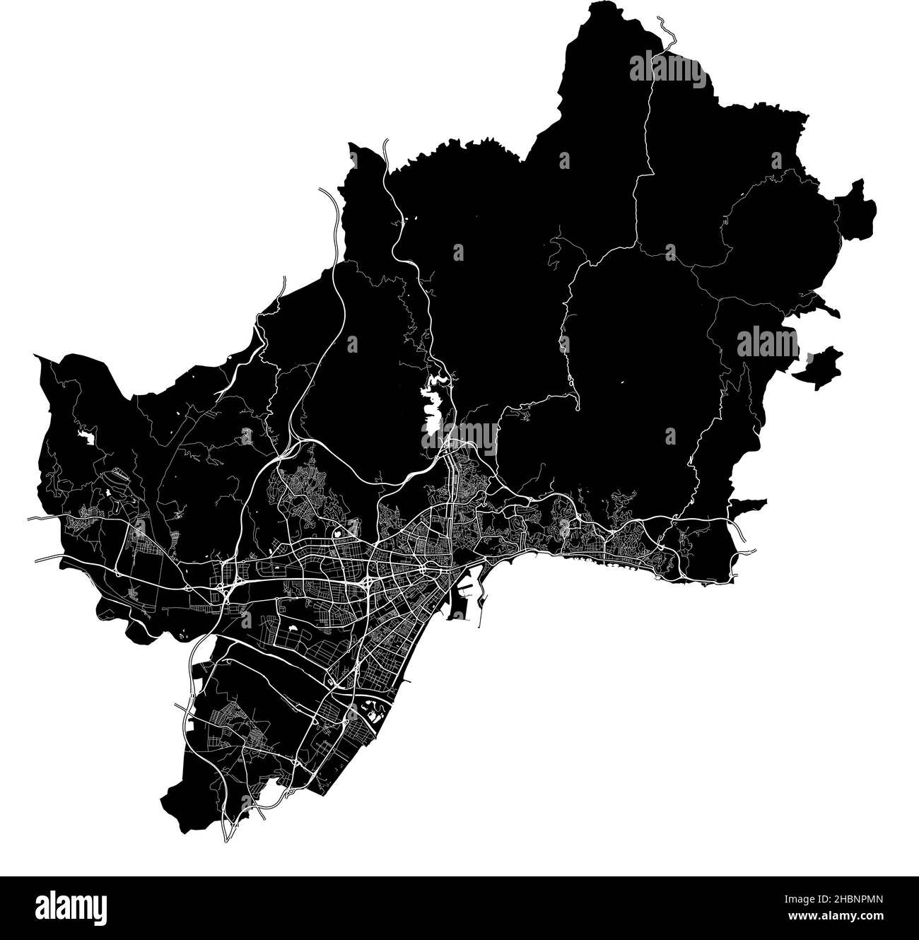 Málaga, Spanien, hochauflösende Vektorkarte mit Stadtgrenzen und bearbeitbaren Pfaden. Der Stadtplan wurde mit weißen Flächen und Linien für Hauptstraßen gezeichnet, Stock Vektor