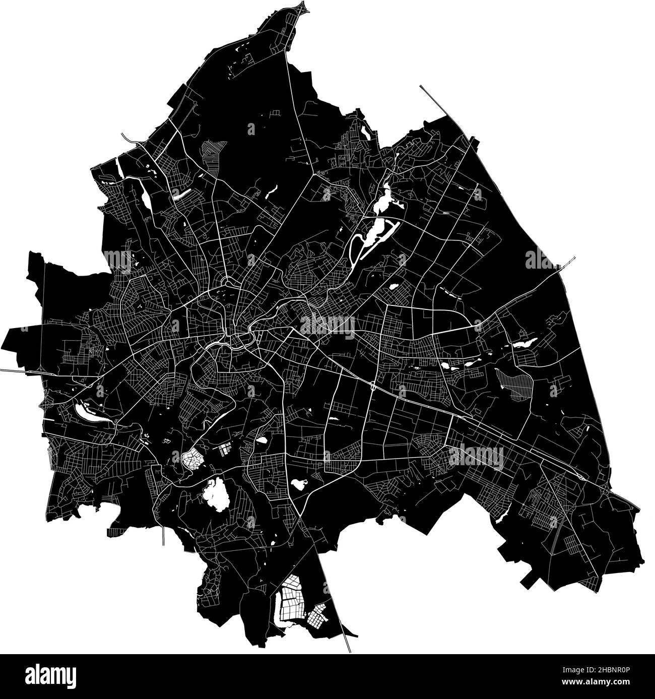Kharkiv, Ukraine, hochauflösende Vektorkarte mit Stadtgrenzen und bearbeitbaren Pfaden. Der Stadtplan wurde mit weißen Flächen und Linien für die Hauptstraße gezeichnet Stock Vektor