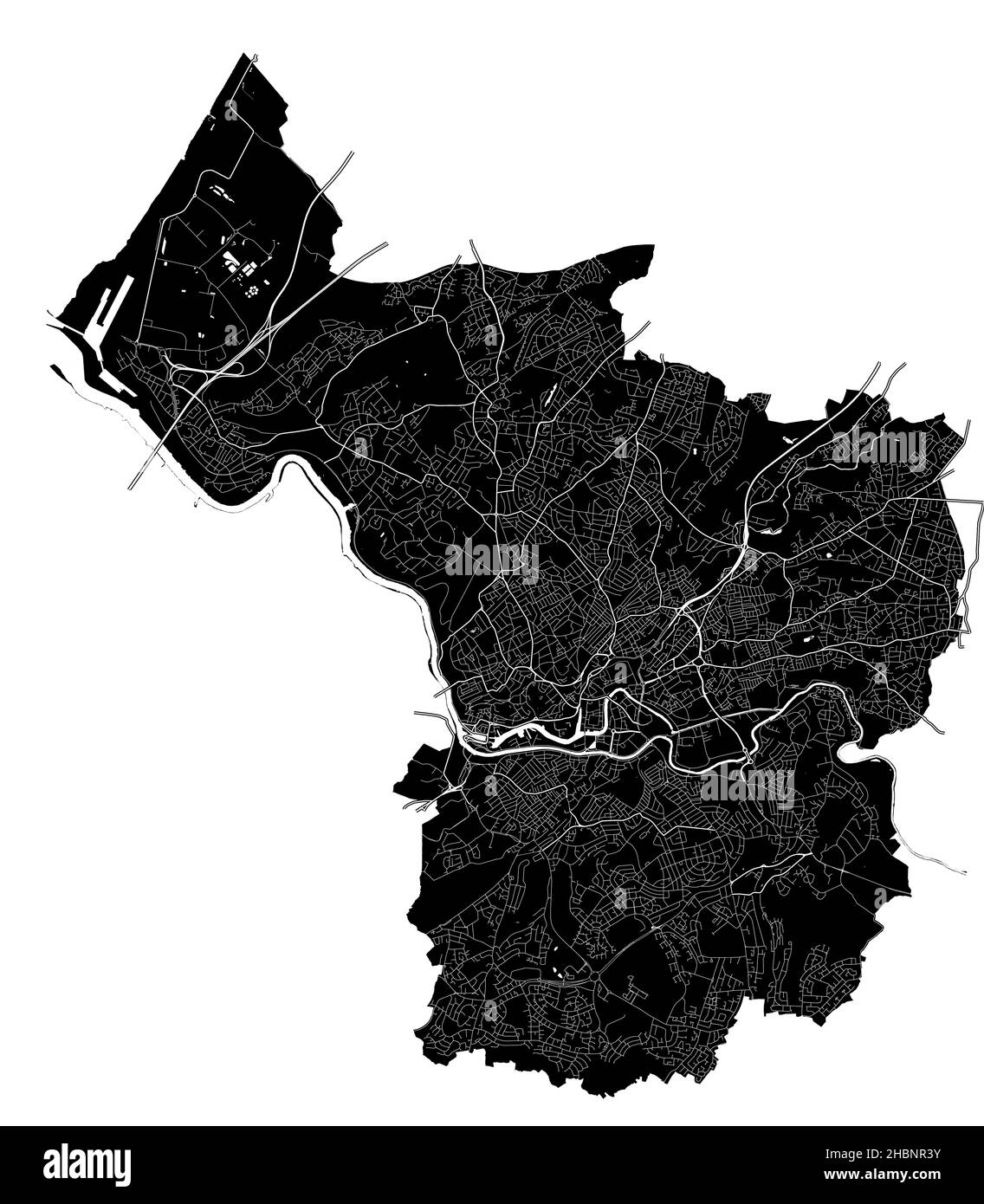 Bristol, England, hochauflösende Vektorkarte mit Stadtgrenzen und bearbeitbaren Pfaden. Der Stadtplan wurde mit weißen Flächen und Linien für die Hauptstraße gezeichnet Stock Vektor