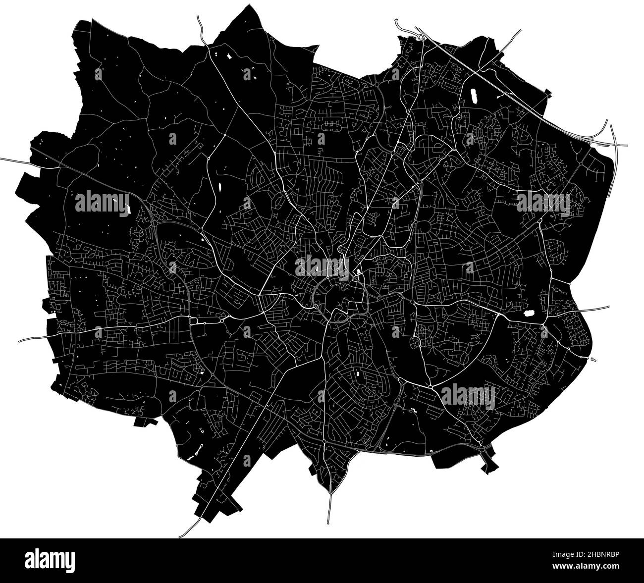 Coventry, England, hochauflösende Vektorkarte mit Stadtgrenzen und bearbeitbaren Pfaden. Der Stadtplan wurde mit weißen Flächen und Linien für die Hauptroa gezeichnet Stock Vektor