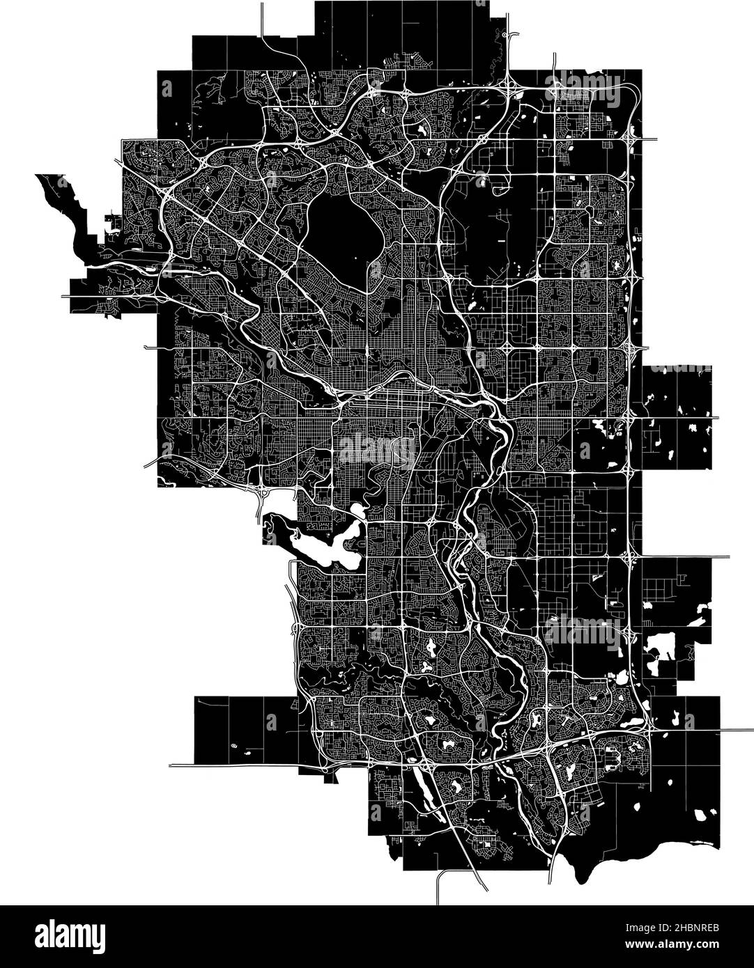 Calgary, Kanada, hochauflösende Vektorkarte mit Stadtgrenzen und bearbeitbaren Pfaden. Der Stadtplan wurde mit weißen Flächen und Linien für Hauptstraßen gezeichnet Stock Vektor