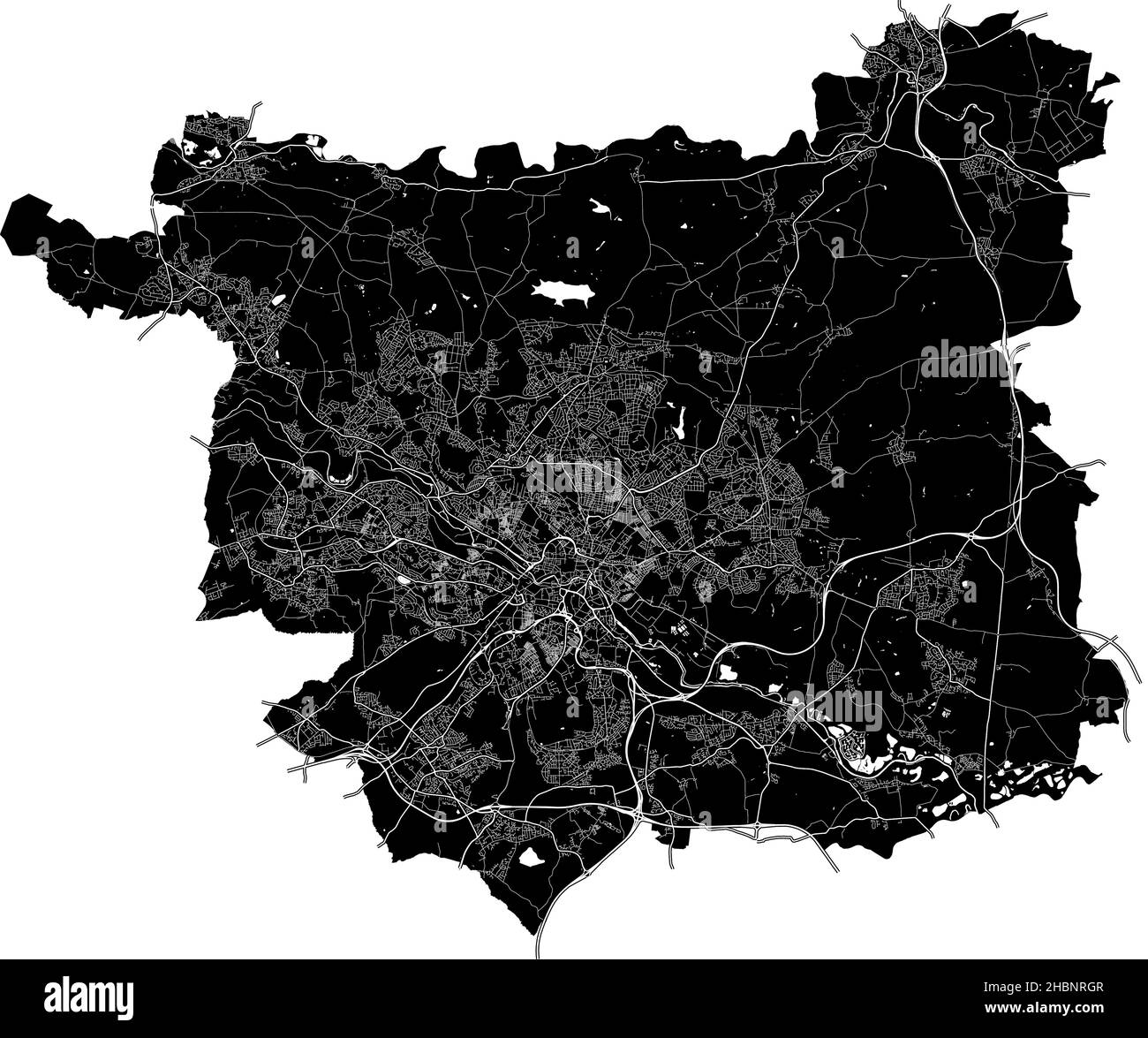 Leeds, England, hochauflösende Vektorkarte mit Stadtgrenzen und bearbeitbaren Pfaden. Der Stadtplan wurde mit weißen Flächen und Linien für Hauptstraßen gezeichnet, Stock Vektor