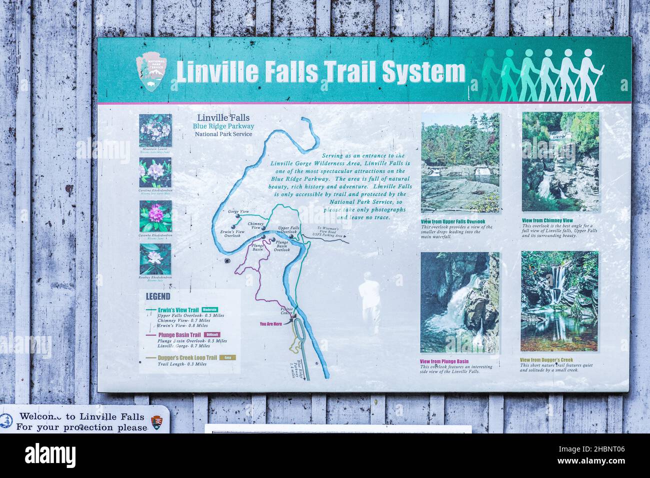 Schild Trail System auf dem Linville Falls Visitor Center, Teil des Blue Ridge Parkway in North Carolina. Stockfoto