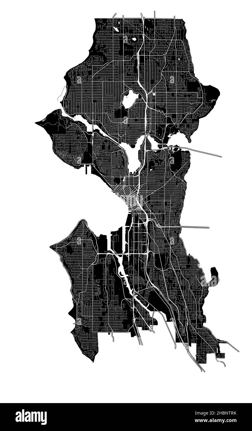 Seattle, Washington, USA, hochauflösende Vektorkarte mit Stadtgrenzen und bearbeitbaren Pfaden. Der Stadtplan wurde mit weißen Flächen und l gezeichnet Stock Vektor