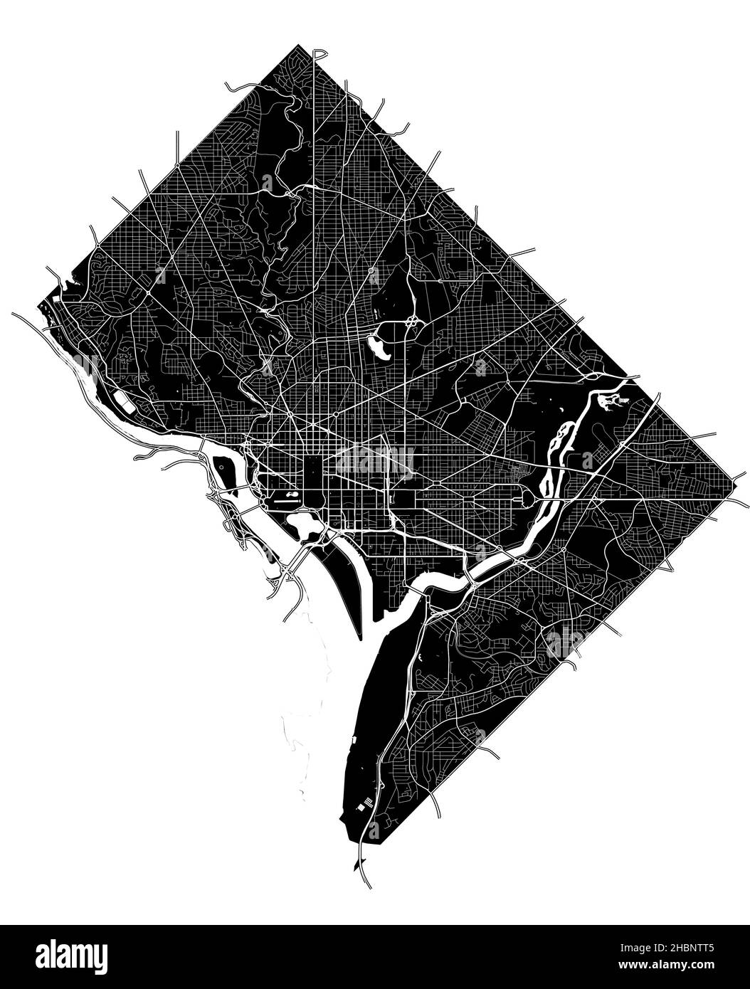 Washington, D.C., USA, hochauflösende Vektorkarte mit Stadtgrenzen und bearbeitbaren Pfaden. Der Stadtplan wurde mit weißen Flächen und Linien gezeichnet Stock Vektor