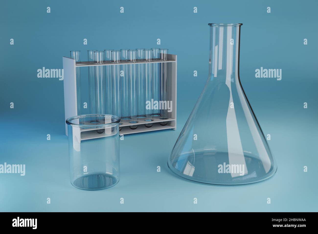 Laborglas für die Chemie. 3D Abbildung. Stockfoto