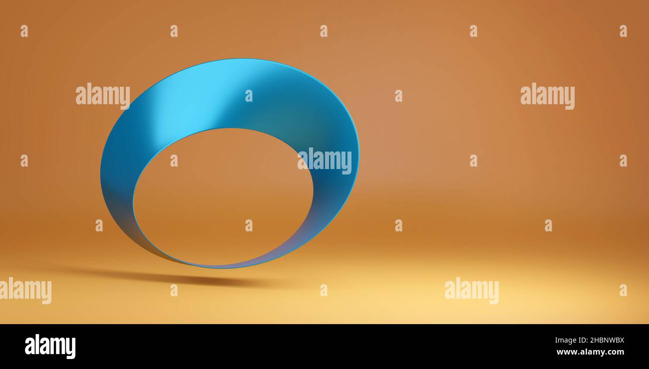 Blauer Mobius-Streifen isoliert auf orangefarbenem Hintergrund. 3D Abbildung. Stockfoto