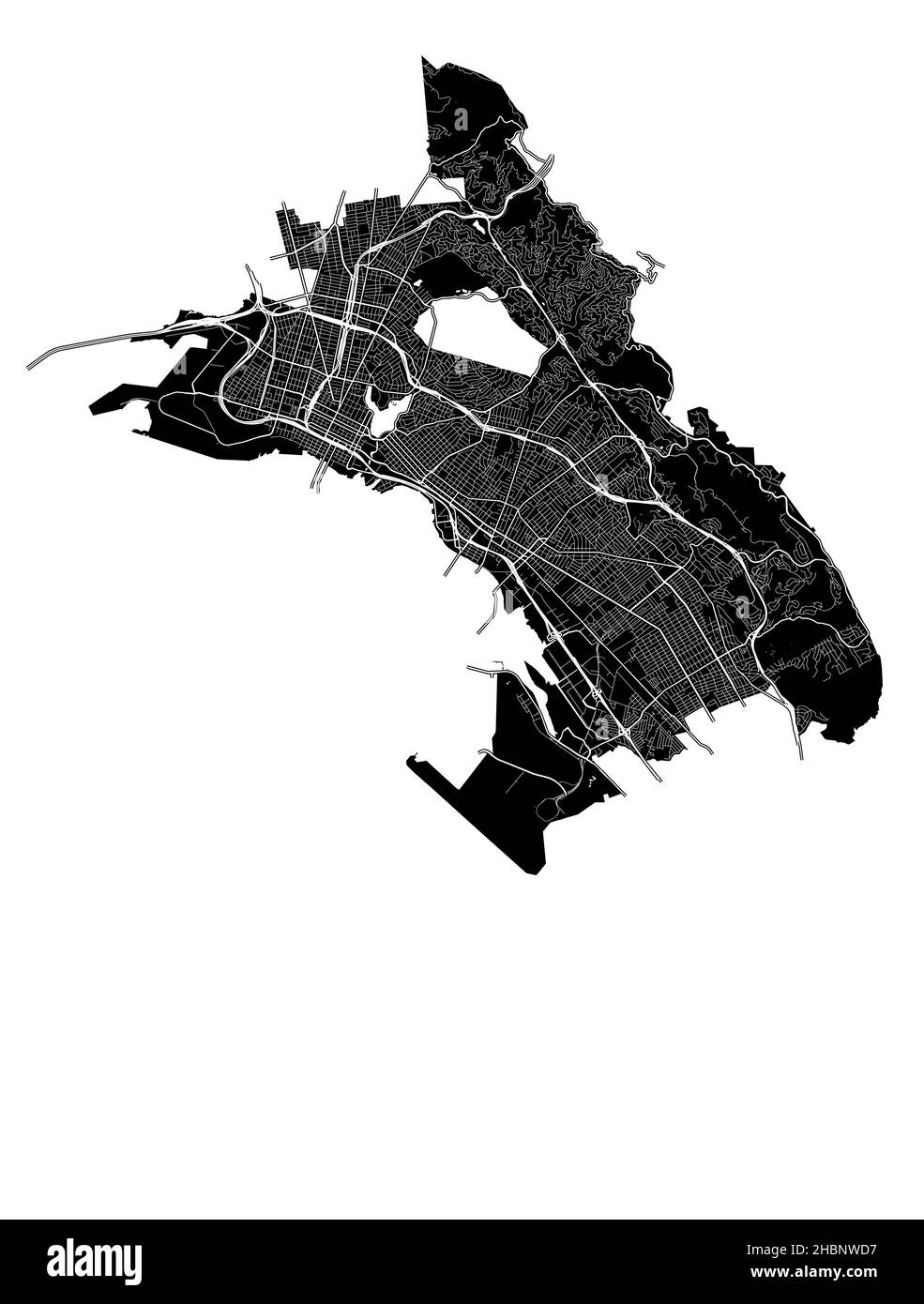 Oakland, Kalifornien, USA, hochauflösende Vektorkarte mit Stadtgrenzen und bearbeitbaren Pfaden. Der Stadtplan wurde mit weißen Flächen und l gezeichnet Stock Vektor