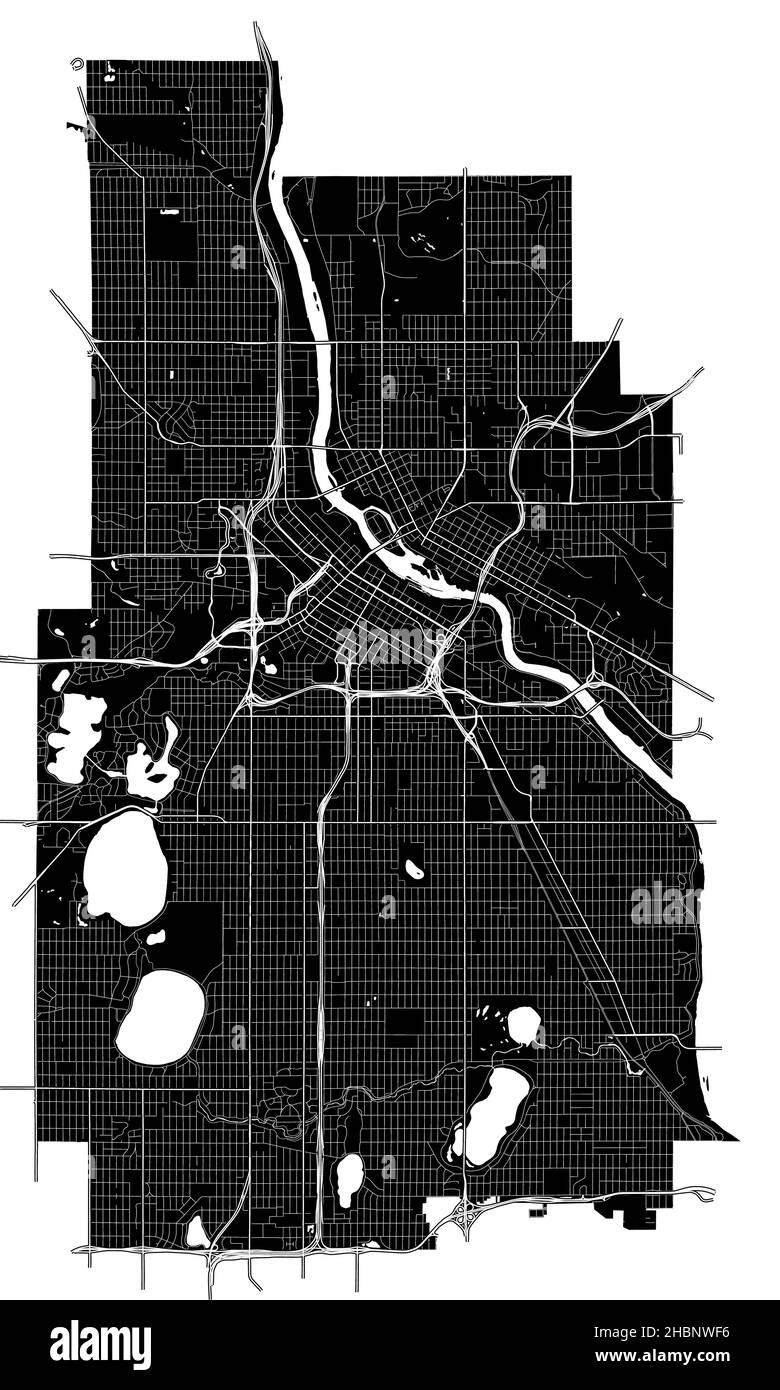 Minneapolis, Minnesota, USA, hochauflösende Vektorkarte mit Stadtgrenzen und bearbeitbaren Pfaden. Der Stadtplan wurde mit weißen Flächen und gezeichnet Stock Vektor