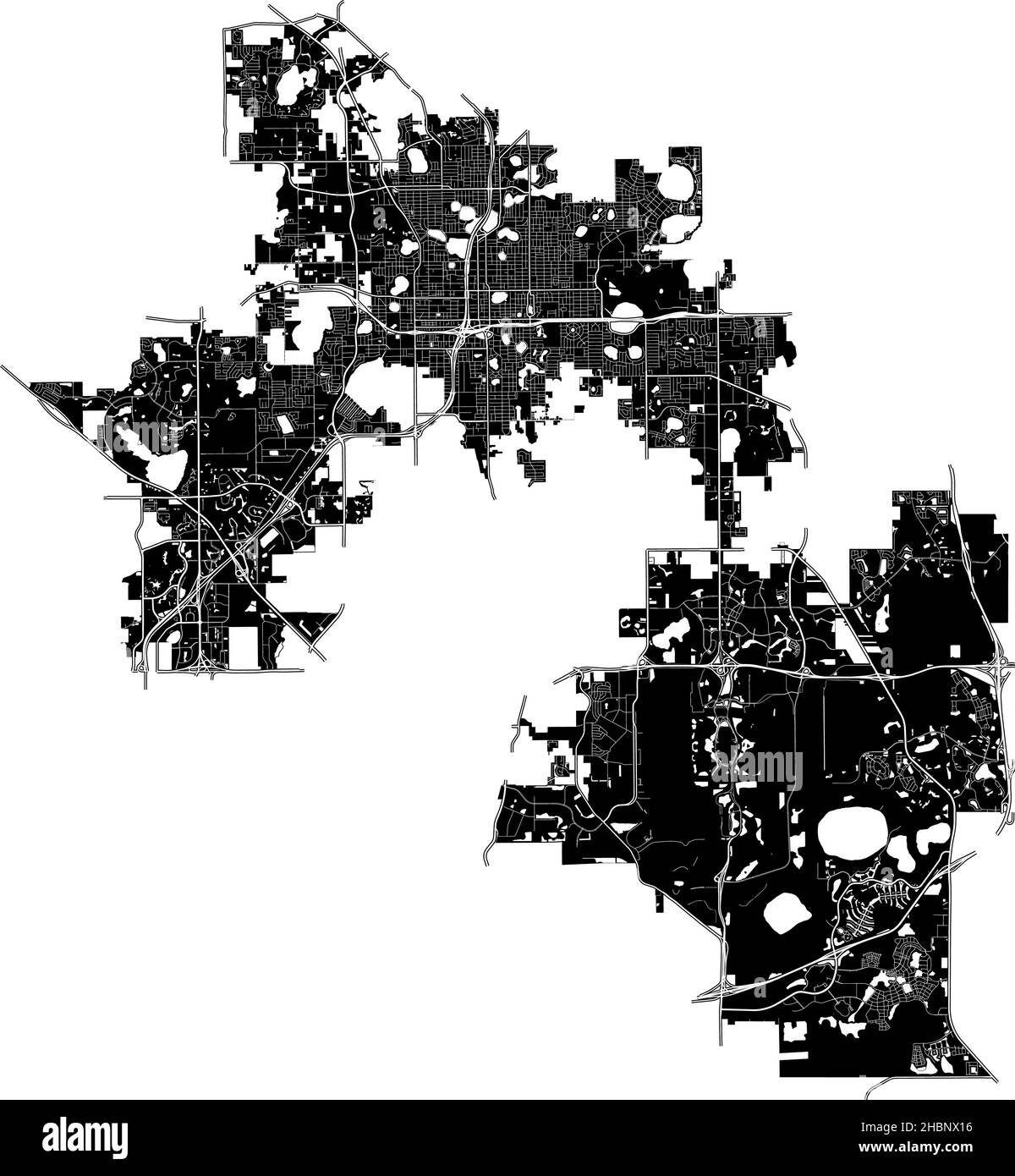 Orlando, Florida, USA, hochauflösende Vektorkarte mit Stadtgrenzen und bearbeitbaren Pfaden. Der Stadtplan wurde mit weißen Flächen und Linien gezeichnet Stock Vektor