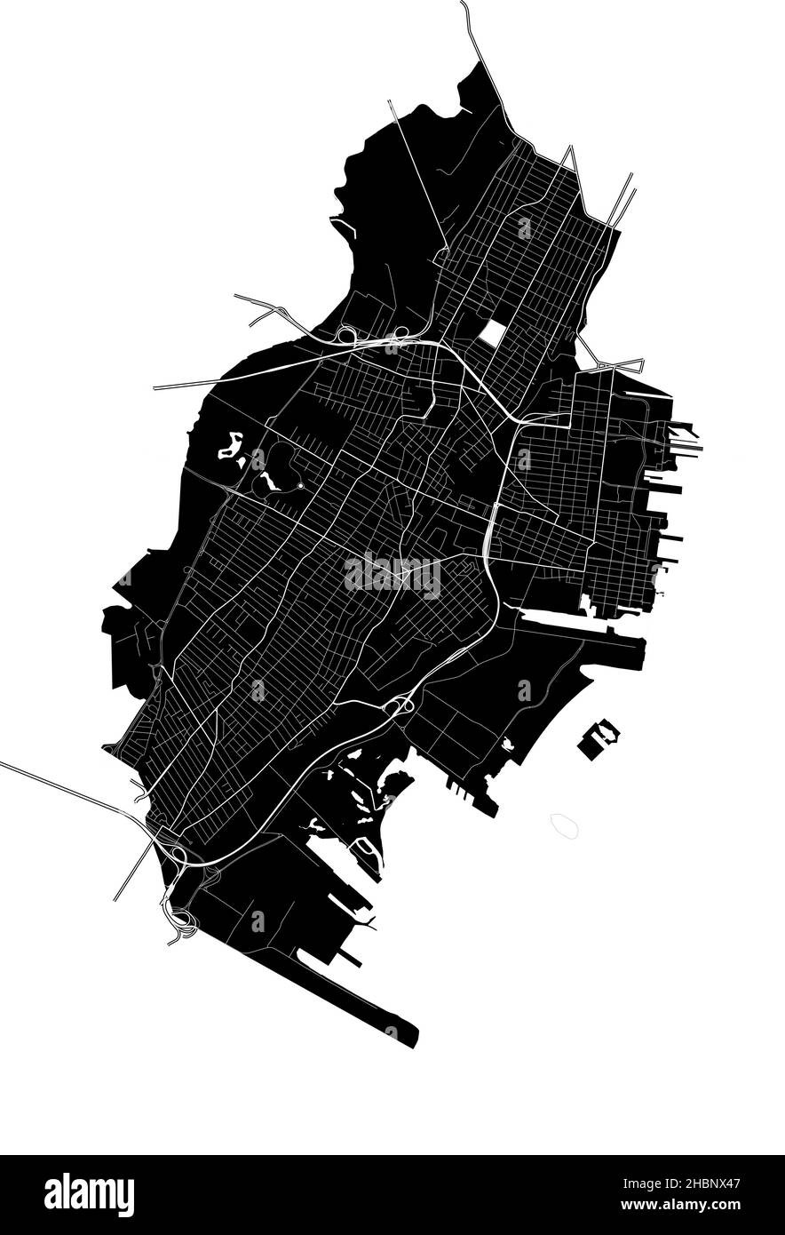 Jersey City, New Jersey, USA, hochauflösende Vektorkarte mit Stadtgrenzen und bearbeitbaren Pfaden. Der Stadtplan wurde mit weißen Flächen A gezeichnet Stock Vektor