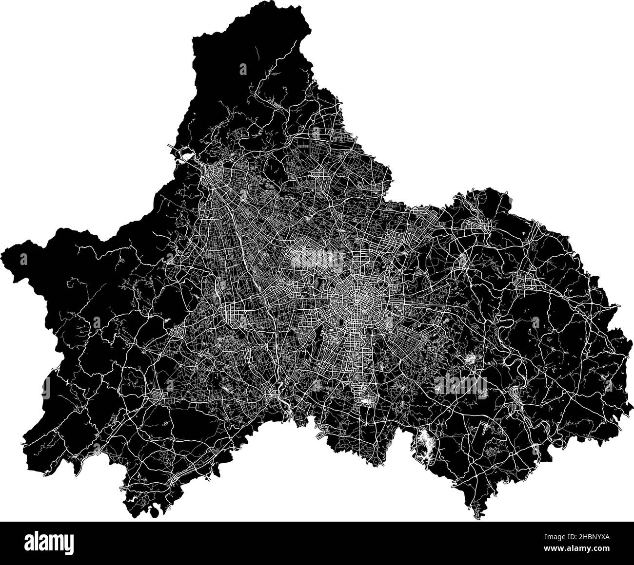 Chengdu, China, hochauflösende Vektorkarte mit Stadtgrenzen und bearbeitbaren Pfaden. Der Stadtplan wurde mit weißen Flächen und Linien für Hauptstraßen gezeichnet, Stock Vektor