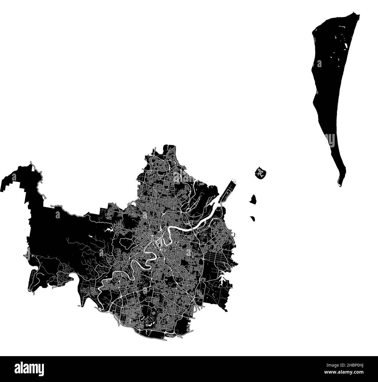 Brisbane, Australien, hochauflösende Vektorkarte mit Stadtgrenzen und bearbeitbaren Pfaden. Der Stadtplan wurde mit weißen Flächen und Linien für Haupt r gezeichnet Stock Vektor