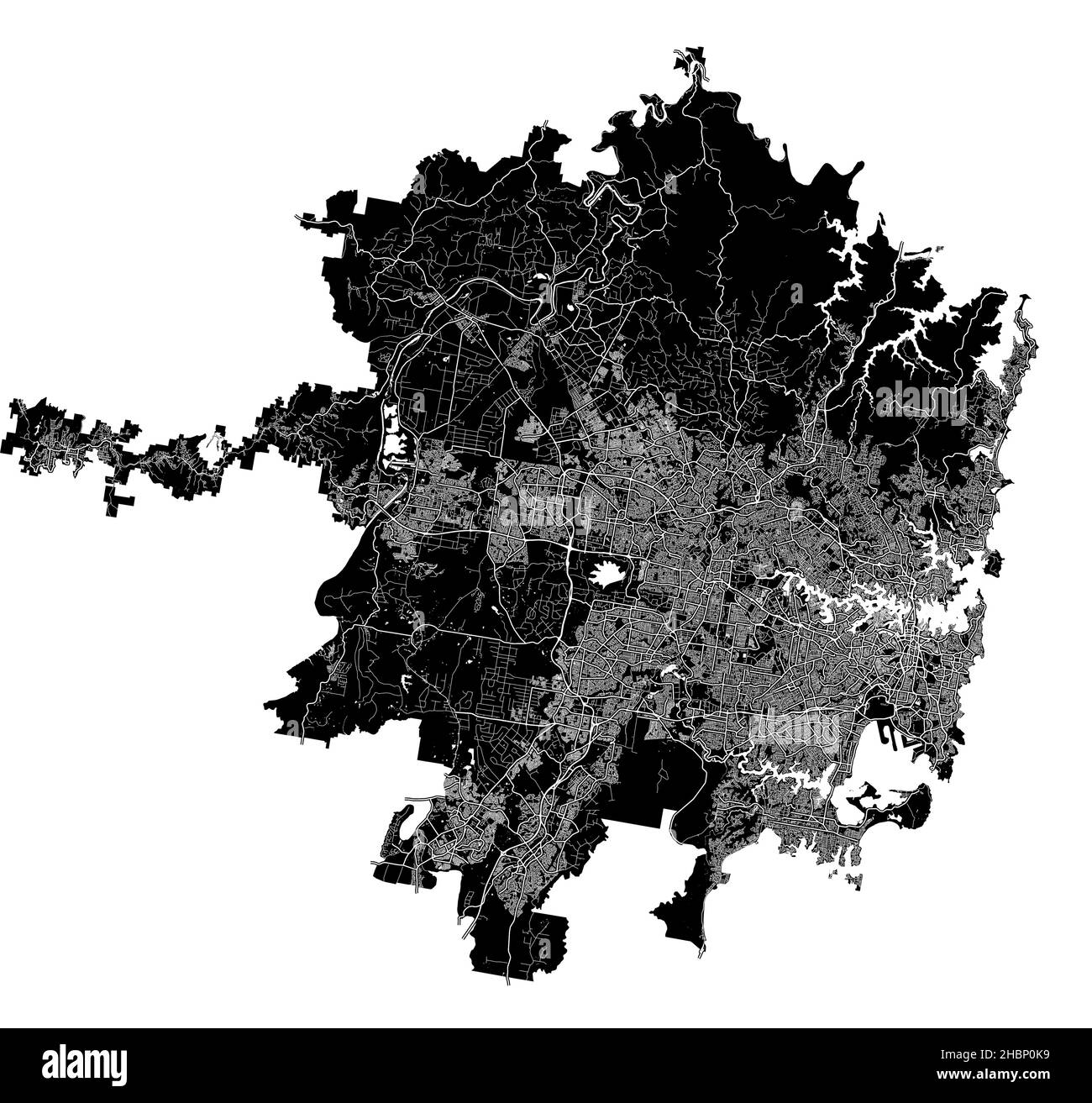 Sydney, Australien, hochauflösende Vektorkarte mit Stadtgrenzen und bearbeitbaren Pfaden. Der Stadtplan wurde mit weißen Flächen und Linien für die Hauptroa gezeichnet Stock Vektor