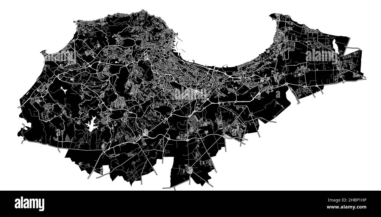 Algier, Algerien, hochauflösende Vektorkarte mit Stadtgrenzen und bearbeitbaren Pfaden. Der Stadtplan wurde mit weißen Flächen und Linien für die Hauptstraße gezeichnet Stock Vektor