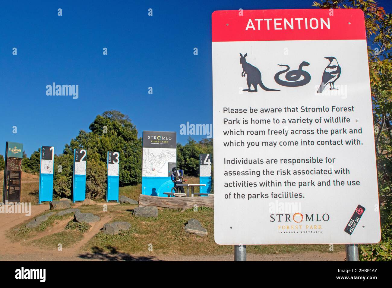 Die Haupttrailhead Stromlo Mountain Bike Park Stockfoto