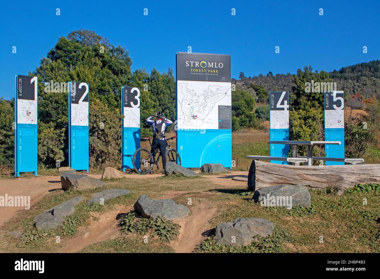 Die Haupttrailhead Stromlo Mountain Bike Park Stockfoto