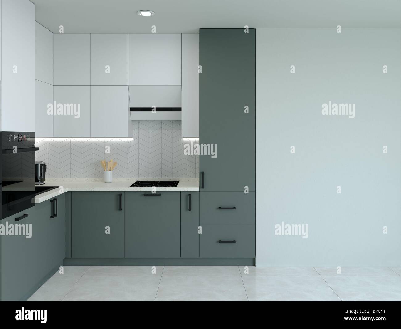 Küchenausstattung. 3D Rendering einer hellen Küche. Stockfoto