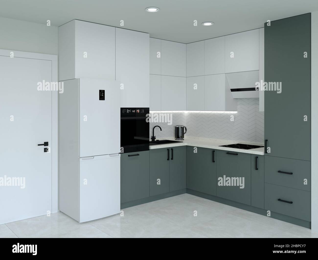 Küchenausstattung. 3D Rendering einer hellen Küche. Stockfoto
