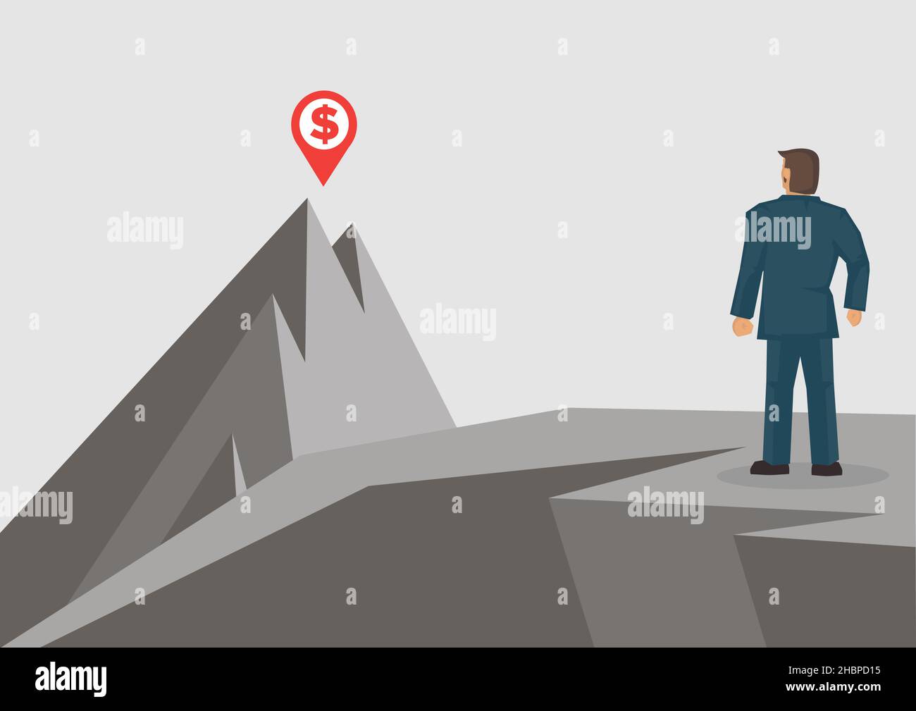 Geschäftsmann auf dem Felsen, der auf den Gipfel eines Berges mit Geldsymbol blickt. Geschäftskonzept von Strategie, Planung und Prognose im Geschäft. Fl Stock Vektor