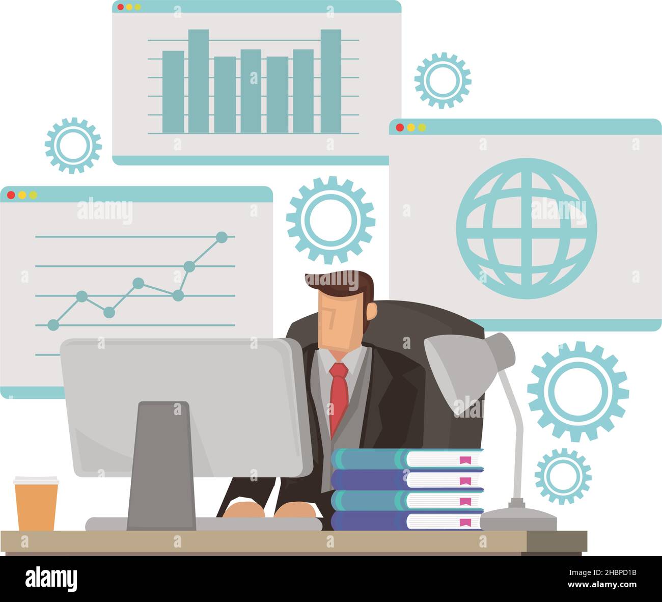 Geschäftsmann, der an seinem Computer mit Diagramm und Diagramm auf seinem Schreibtisch arbeitet. Konzept der betrieblichen Arbeitskultur. Isolierte flache Vektorgrafik. Stock Vektor