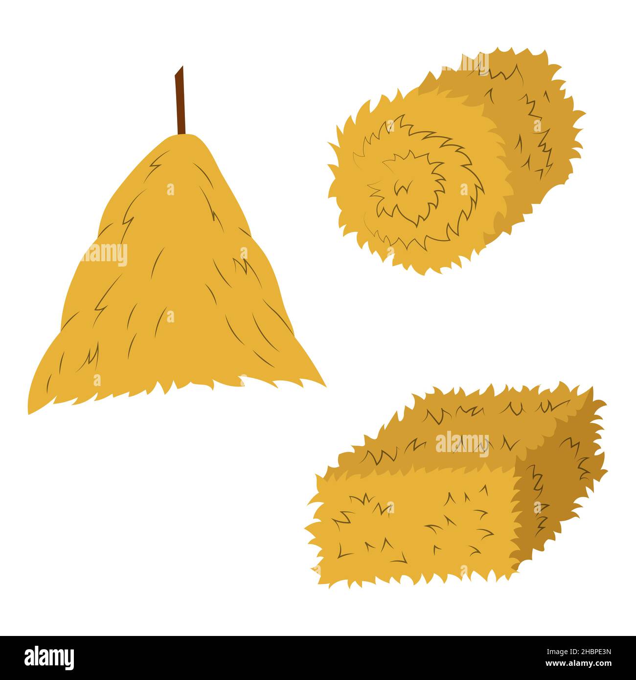 Eine Reihe von Vektorgrafiken von Ballen und Heuhaufen. Flache gelbe Heuhaufen, runde Ballen Weizenstroh Stock Vektor