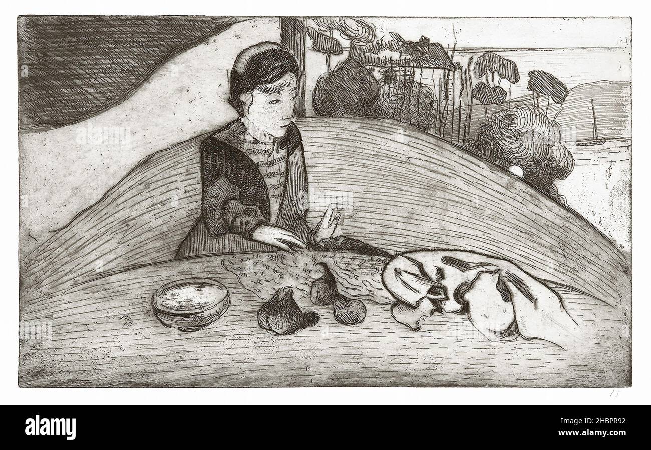 Die Frau mit den Figuren (1894) von Paul Gauguin. Stockfoto